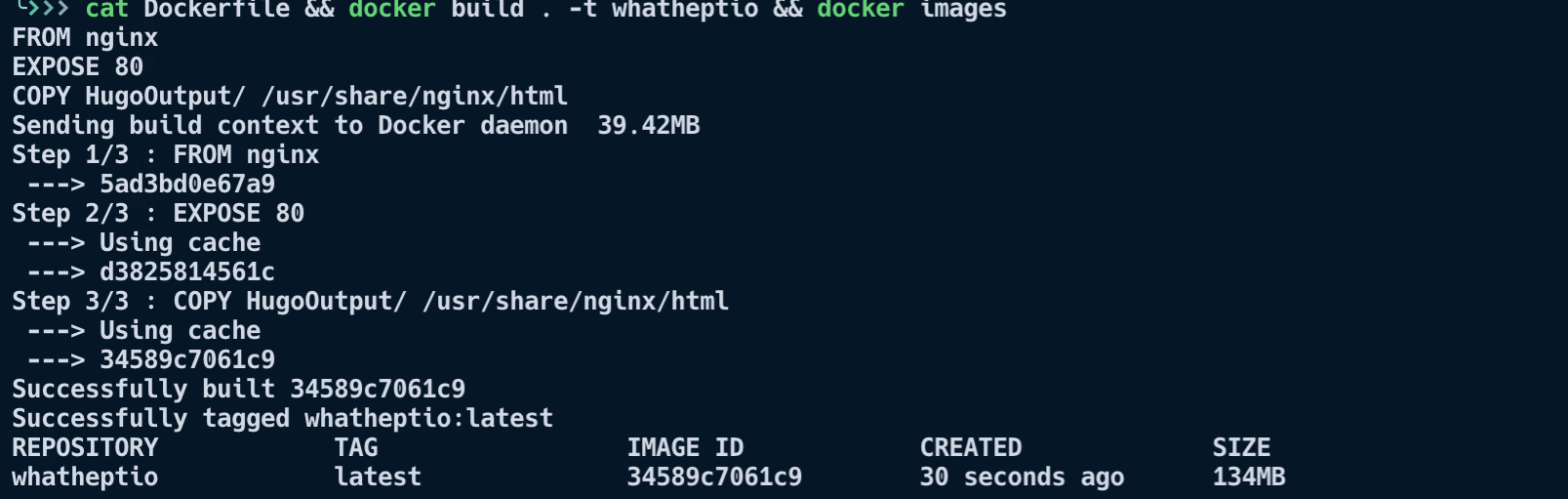 'cat' command, showing the contents of the Dockerfile, 'docker build' command to build from the Dockerfile specs and 'docker images' to show the information regarding the compiled image docker build